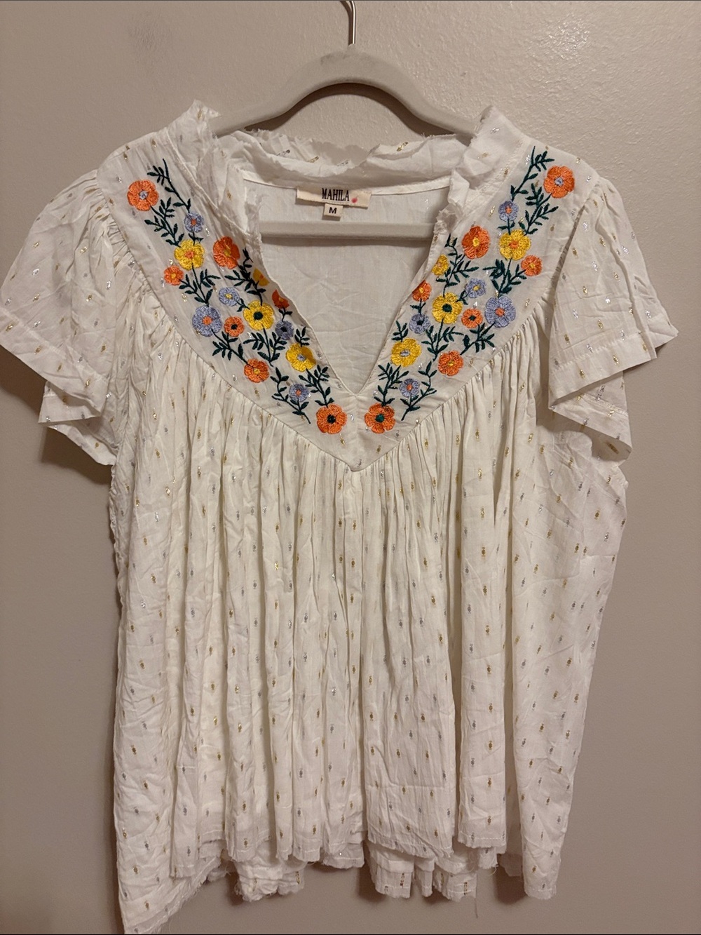 Mahila  White Embroidered V-Neck Flutter Sleeve Blouse